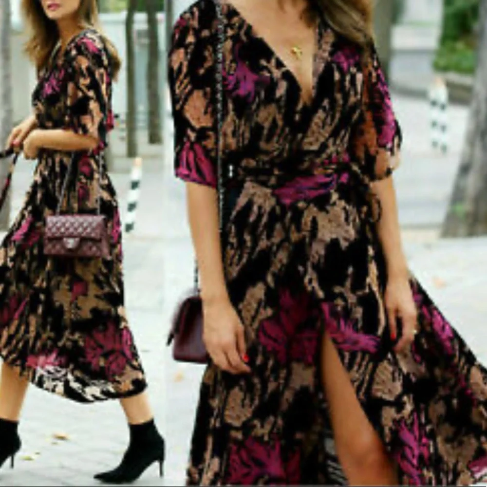 ZARA FLORAL VELVET WRAP MIDI DRESS - Picture 1 of 8